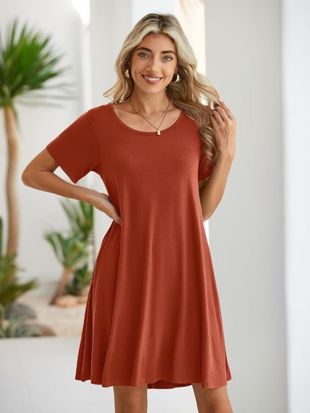 Women's Dark Orange Casual Loose Swing Tunic Short Sleeve Sun Mini Shirt Dress - Picture 2 of 6